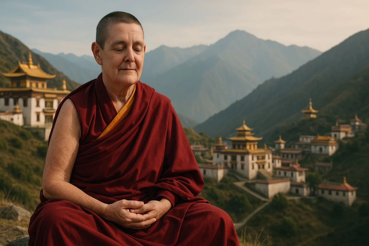 Monja Ani sentada em meditação, com o templo ao fundo